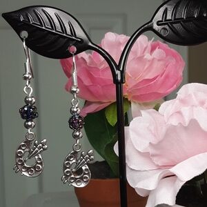 Handmade Artist Palette Earrings Purple Silvertone